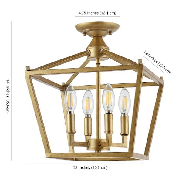 Plains Mini Lantern 12 in. 4-Light Brass Gold Iron Modern Farmhouse LED Flush Mount,