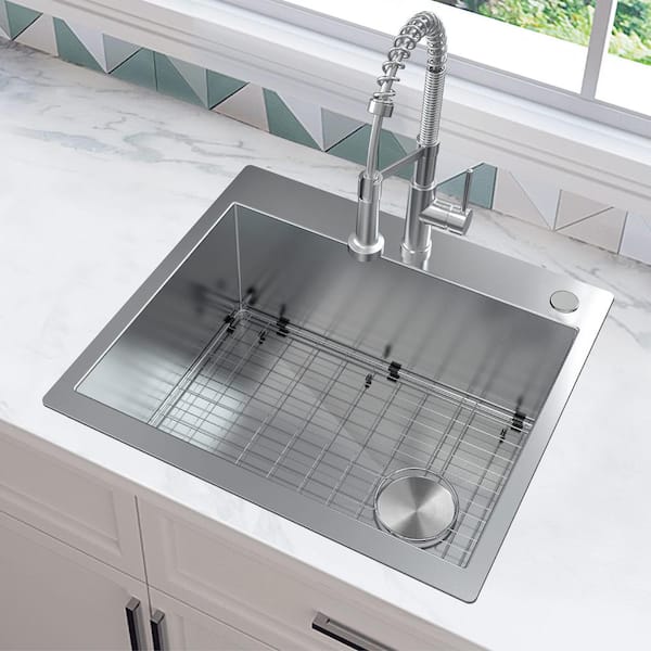 Professional 25 in. Zero Radius Drop-in 16G Stainless Steel 2-Hole Single Bowl Kitchen Sink with Accessories