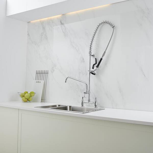 Commercial Restaurant Pull Down 2-Handle Wall Mount Pre-Rinse Spray Utility Kitchen Faucet in Polished Chrome