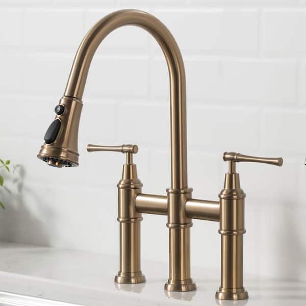 Allyn Double Handle Transitional Bridge Kitchen Faucet with Pull-Down Sprayhead in Brushed Gold