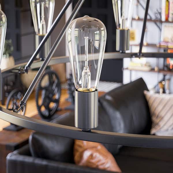 Stratton 10-Light Black Wagon Wheel, Industrial Farmhouse Dining Room Chandelier with Bulbs Included