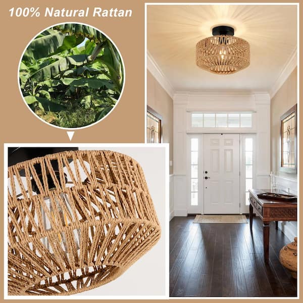 11.8 in. 1-Light Brown Rattan LED Semi-Flush Mount Light with Dimmable LED Bulb