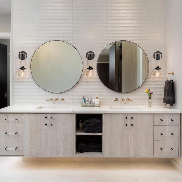 Modern Bedroom Wall Light 1-Light Black & Brass Wall Sconce Light Bathroom Vanity Light with Clear Glass Shade