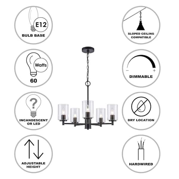 5-Light Black Chandelier Light Fixture with Clear Glass Shades