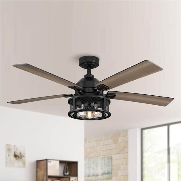 52 in. Industrial Mesh Metal Reversible Blades Black Ceiling Fan with Remote Control and Light Kit
