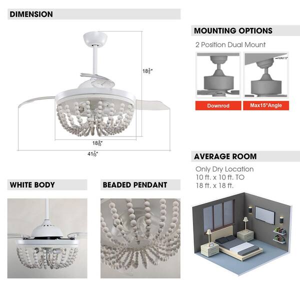 Huang 42 in. Wooden Beads Retractable 3-Blade White Ceiling Fan Chandelier with Remote Control and Light Kit