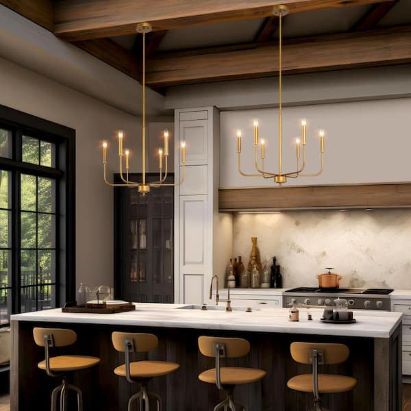 Modern Dark Gold Kitchen Linear Chandelier, 6-Light Farmhouse Antique Candlestick Ding Room Pendant Light Fixture
