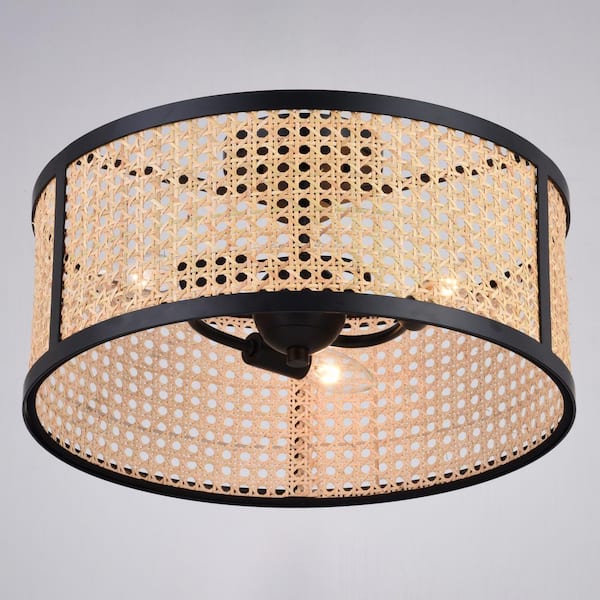 Berens 15.5 in. W Matte Black Modern Farmhouse Drum Semi Flush Mount Ceiling Light with Rattan Cane Shade
