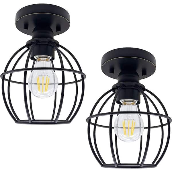 6.5 in. Oil Rubbed Bronze Semi Flush Mount with Metal Cage Ceiling Light Fixture 2 x A19 LED Bulb Included (2-Pack)