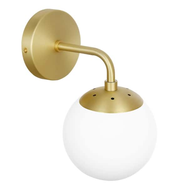 Zeno Globe Brushed Brass Wall Sconce with White Shade