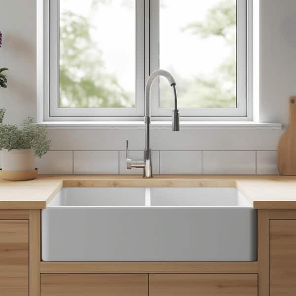 Turner 33 in. Undermount Farmhouse Double Bowl Crisp White Fireclay Kitchen Sink