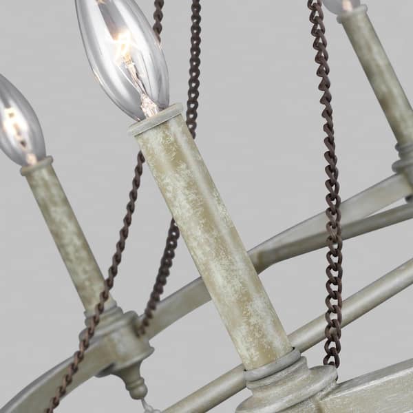 Beverly 8-Light French Washed Oak and Distressed White Wood Beaded Wagon Wheel Farmhouse Hanging Candlestick Chandelier