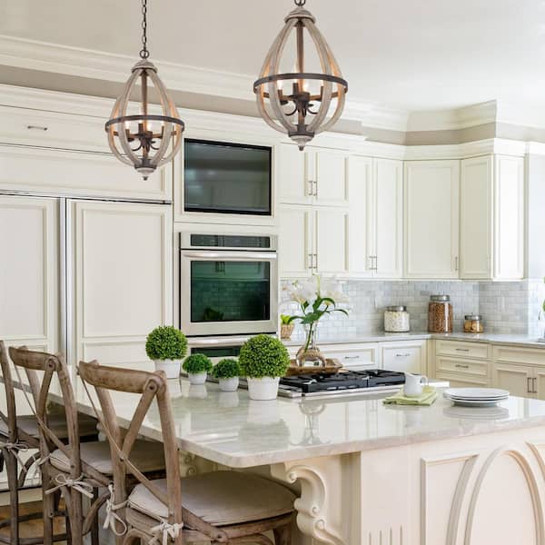 4-Light Rustic Bronze Farmhouse Globe Island Chandelier with Tear-Drop Wood Cage Transitional Candlestick Pendant Light