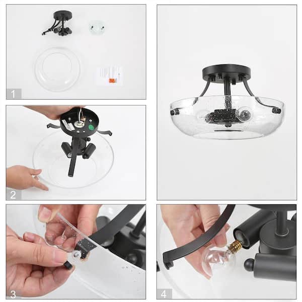 Farmhouse Bowl Ceiling Light 3-Light Industrial Black Breakfast Nook Semi-Flush Mount Light with Seeded Glass Shade