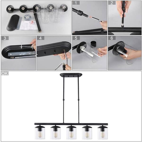 Modern 5-Light 37 in. Matte Black Linear Island Chandelier with Clear Glass Shades, Kitchen Hanging Pendant Light