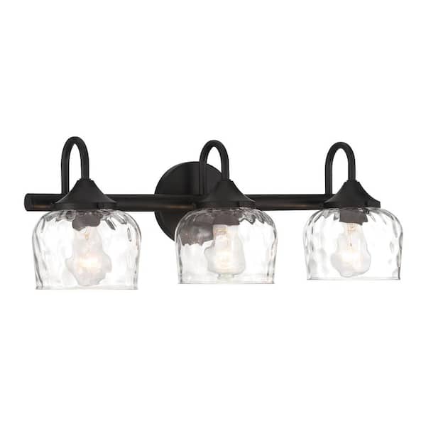 23.25 in. 3-Light Matte Black Vanity Light with Clear Hammered Glass, No Bulbs Included