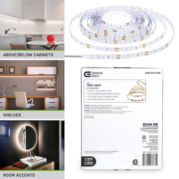 16 ft. LED AC Dimmable White Tape Light Kit Under Cabinet Light