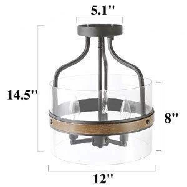 Modern Farmhouse Black Drum 3-Light Candlestick Semi-Flush Mount Ceiling Light with Faux Wood Accent Clear Glass Shade