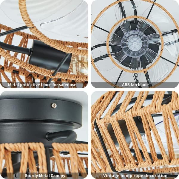19.69 in. Indoor Hemp Rope Ceiling Fan Light Brown with Light Kit and Remote