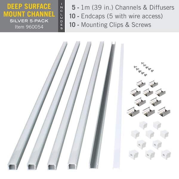 Deep Surface Mount Silver Tape Light Channel LED Mounting Hardware (5-Pack)