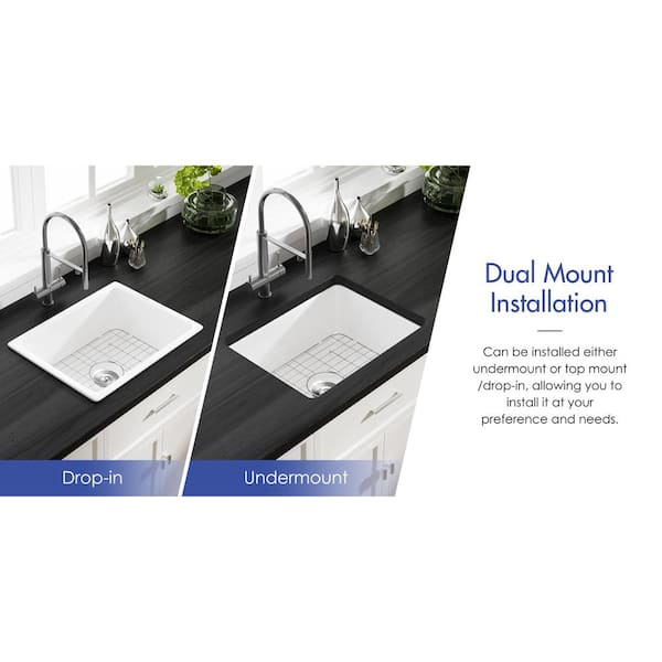 Oslo 24 in. Undermount Single Bowl White Ceramic Kitchen Sink with Botton Grid and Basket Strainer