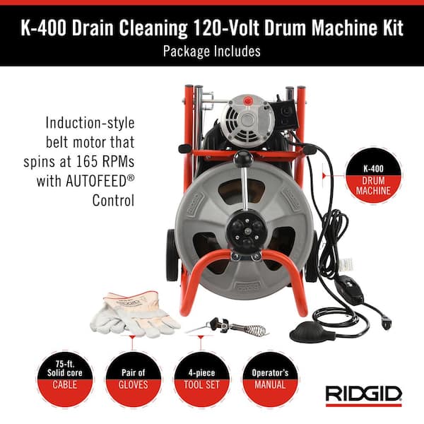K-400 AutoFeed Drain Cleaning Snake Auger 120-Volt Drum Machine and C-32IW 3/8 in. x 75 ft. Cable + Tool Set & Gloves