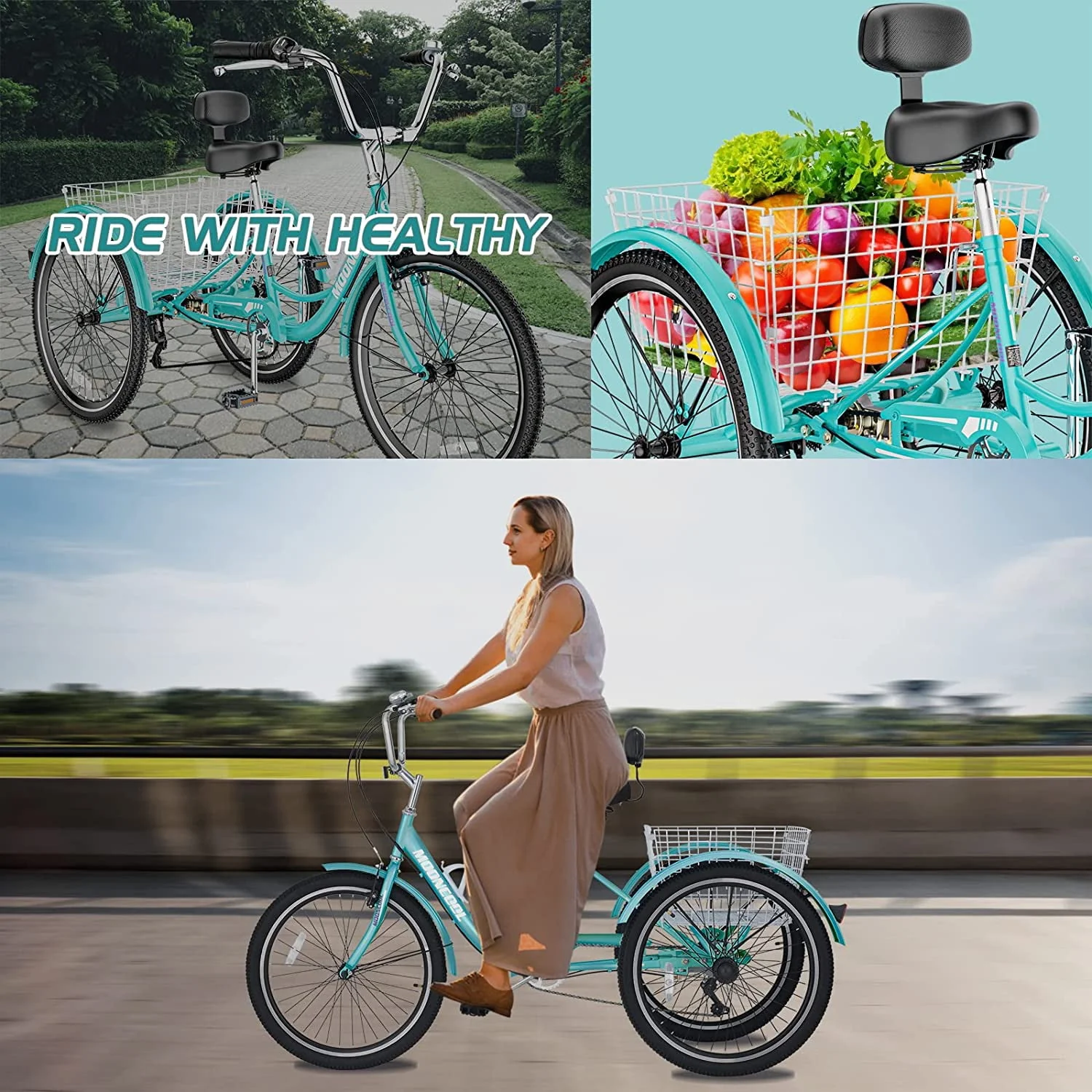 Adult Tricycle 20/24/26 inch 7 Speed, Three Wheel Bicycle for Adult, Trike Cruiser W/ Tools & Big Basket for Exercise Shopping Picnic Outdoor Activities
