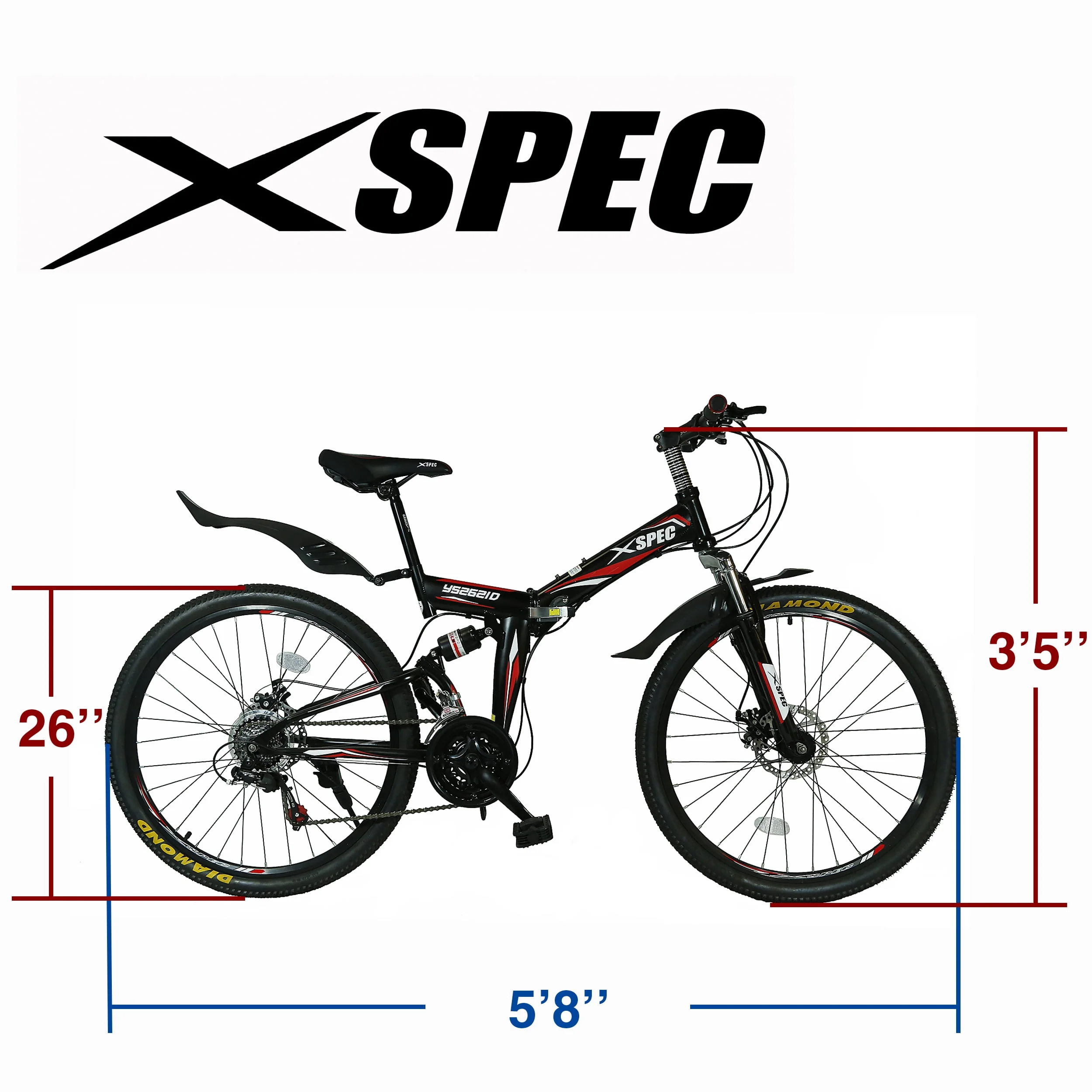 Xspec 7 Speed Folding Compact Mountain Bike, Black, 26 In.