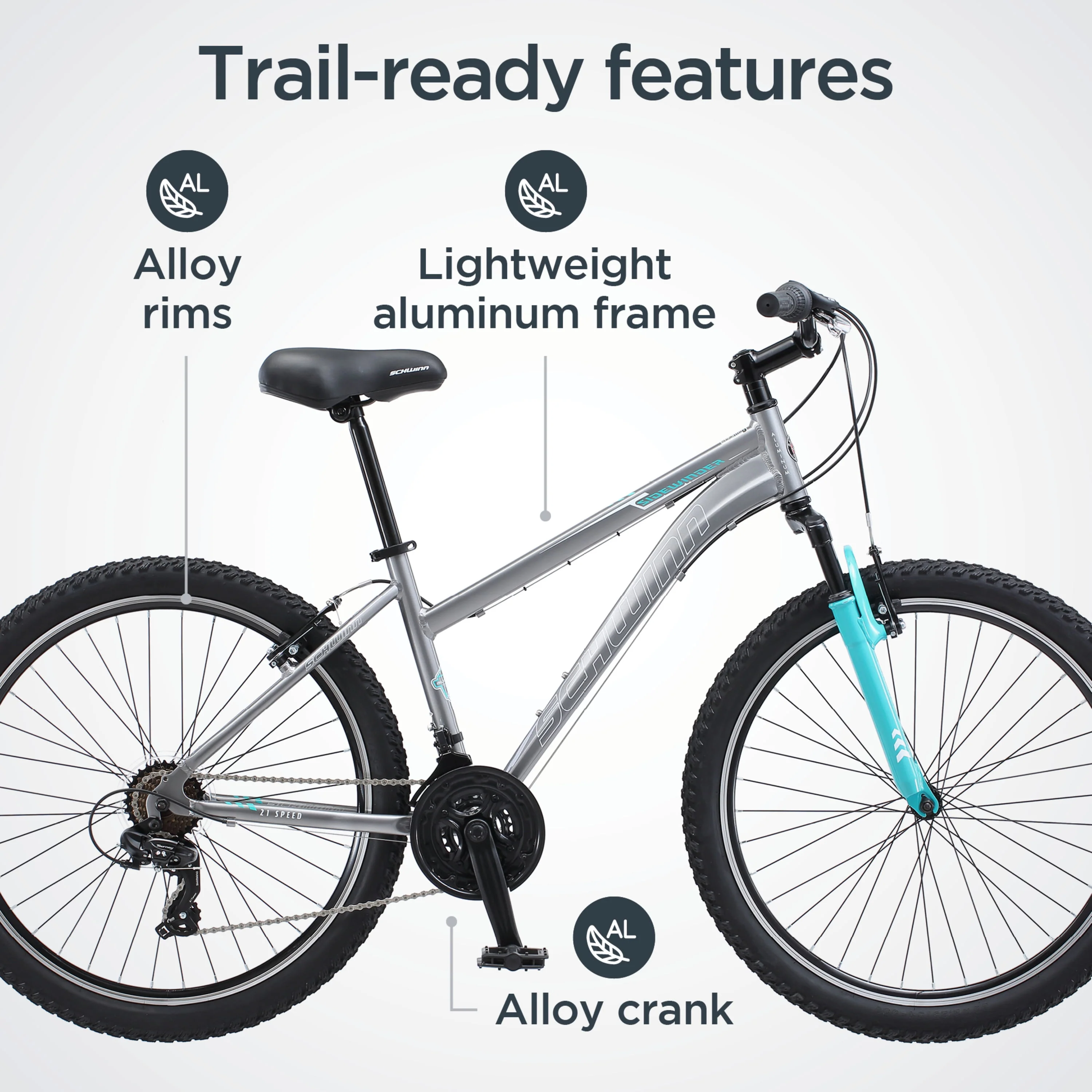 Sidewinder Mountain Bike, 26-inch wheels, womens frame, silver/blue