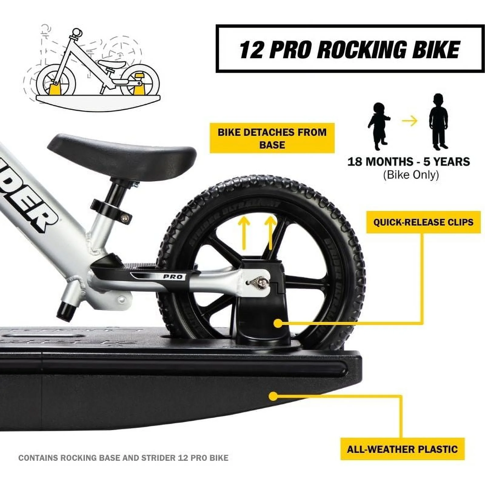 Strider - 12 Pro 2-in-1 Rocking Balance Bike, Ages 6 months to 5 Years - Silver