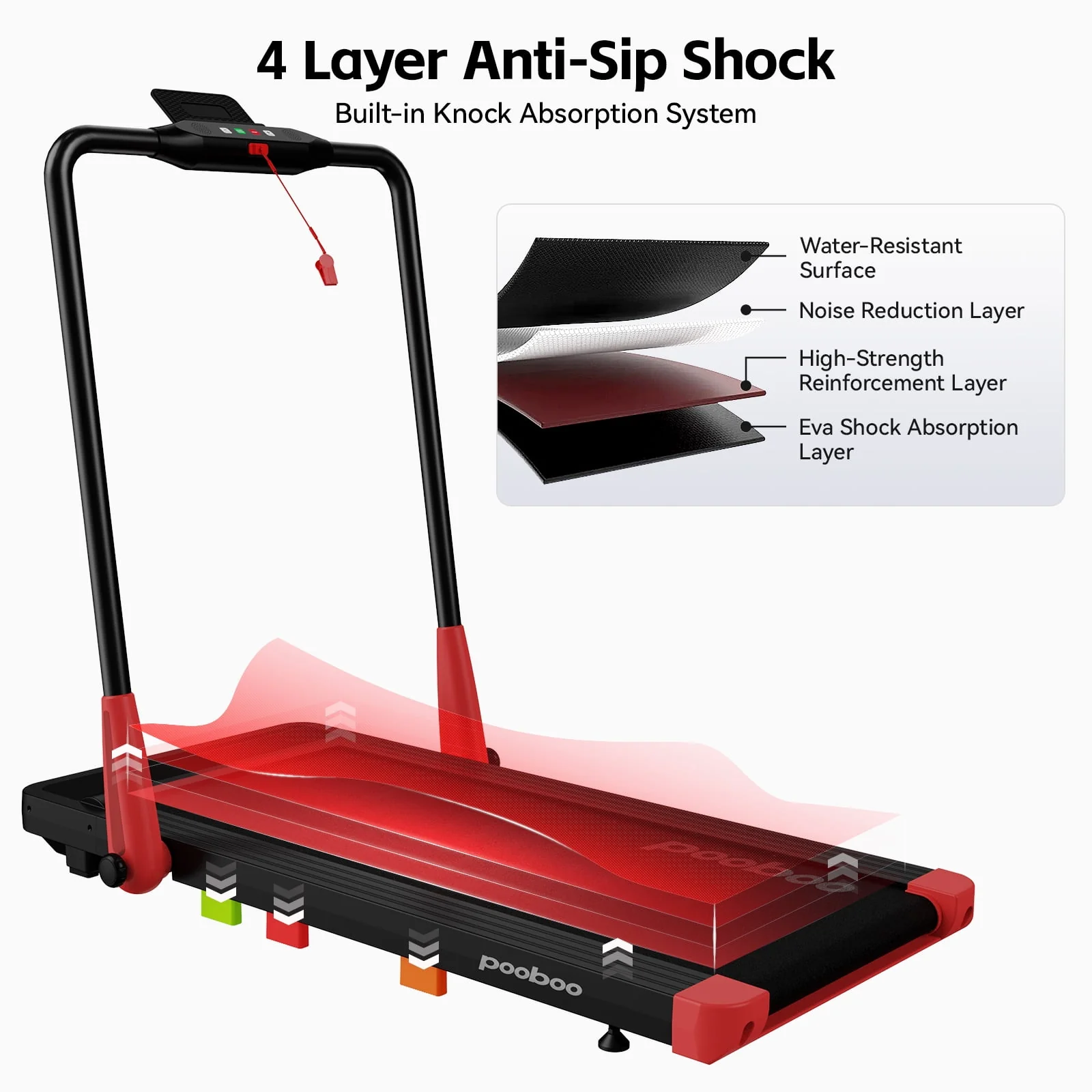Pooboo 2 in 1 Folding Under Desk Treadmill Red Brush-less Walking Jogging Machine with App & Remote Control Led Touch Screen Walking Pad for Office Home Use 265lbs