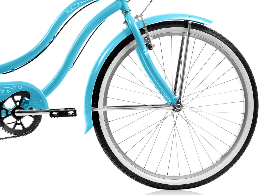 Wonder Wheels 26 In. Beach Cruiser Shimano Tx-35 7 Speed Bicycle, Bike, V-Brake Stainless Steel Spokes One Piece Crank Alloy Rims 36 H With Fender - Baby Blue