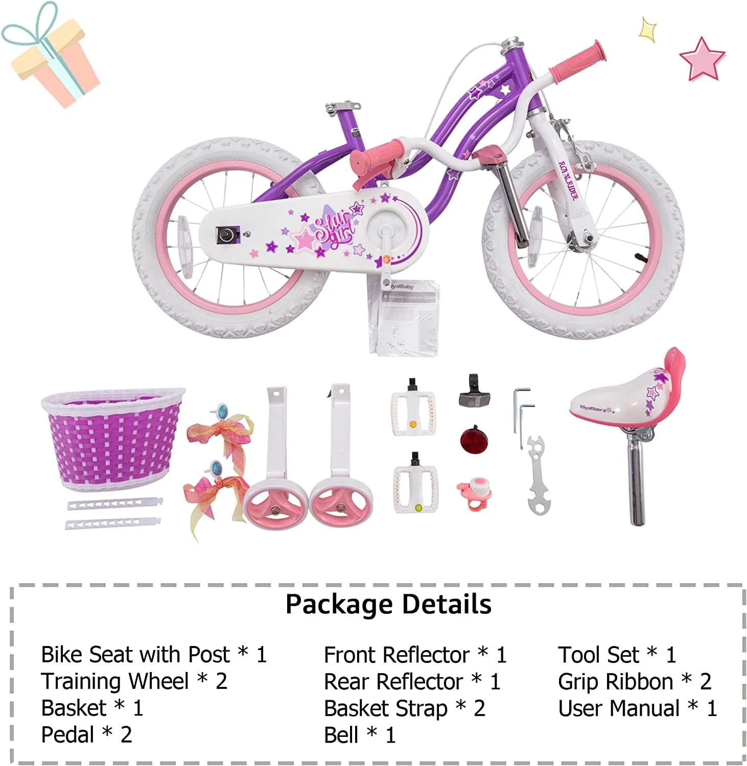 Royalbaby Girl's Kid's Bike Stargirl 18 In. Child Bicycle with Basket and Kickstand, Purple