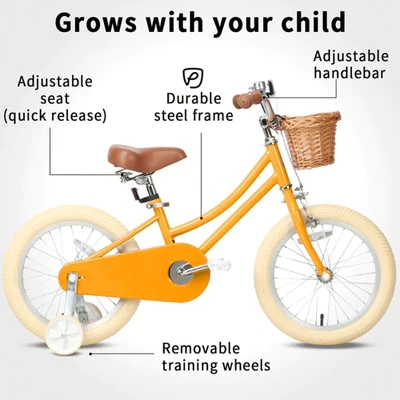 Petimini 18 Inch Steel Frame Child Bicycle with Wicket Basket, Handlebar Bell, Training Wheels, Adjustable Seat, & Parent Handle, Ages 5 to 9, Yellow