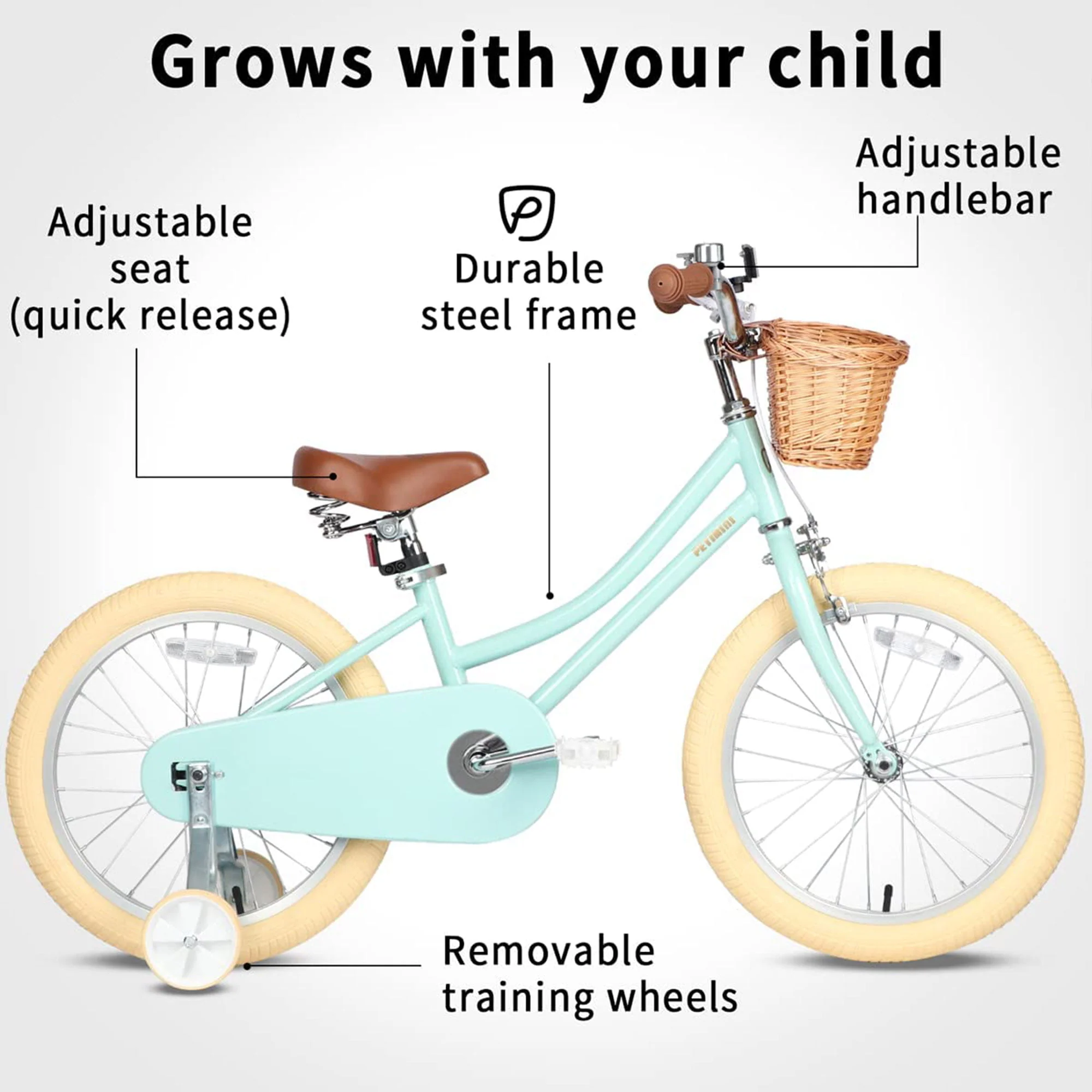 Petimini 16 Inch Child Bicycle with Basket, Bell, and Training Wheels, Mint