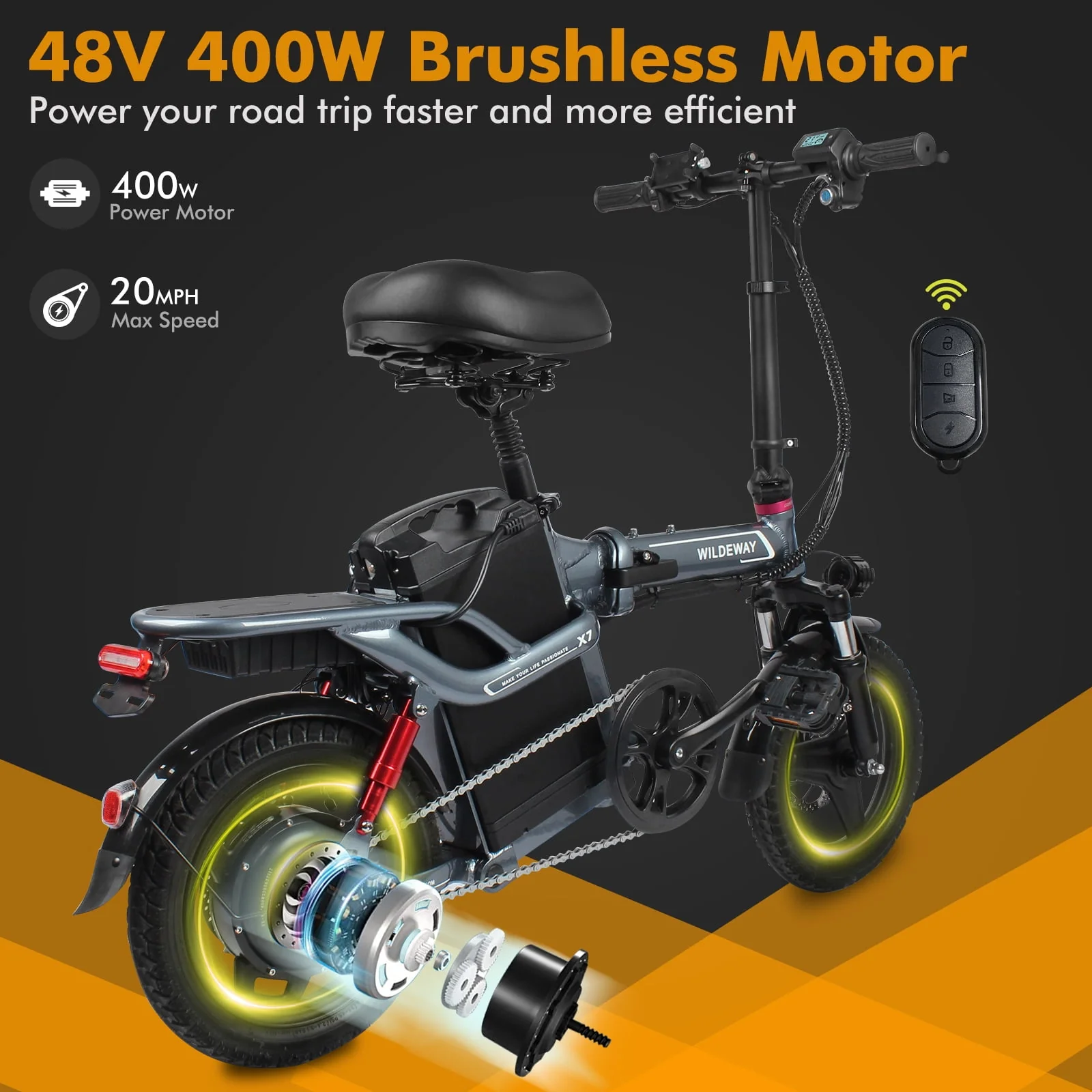 Wildeway Folding Electric Bike for Adults , 400W Motor, 48V 20AH Removable Battery, 14”Tire City Commuter Ebike