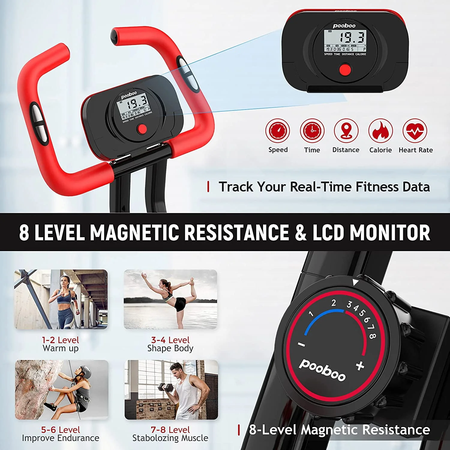 pooboo 3in1 Foldable Exercise Bike Indoor Cycling Bike Magnetic Stationary Bike Fitness Gym Workout 300lb