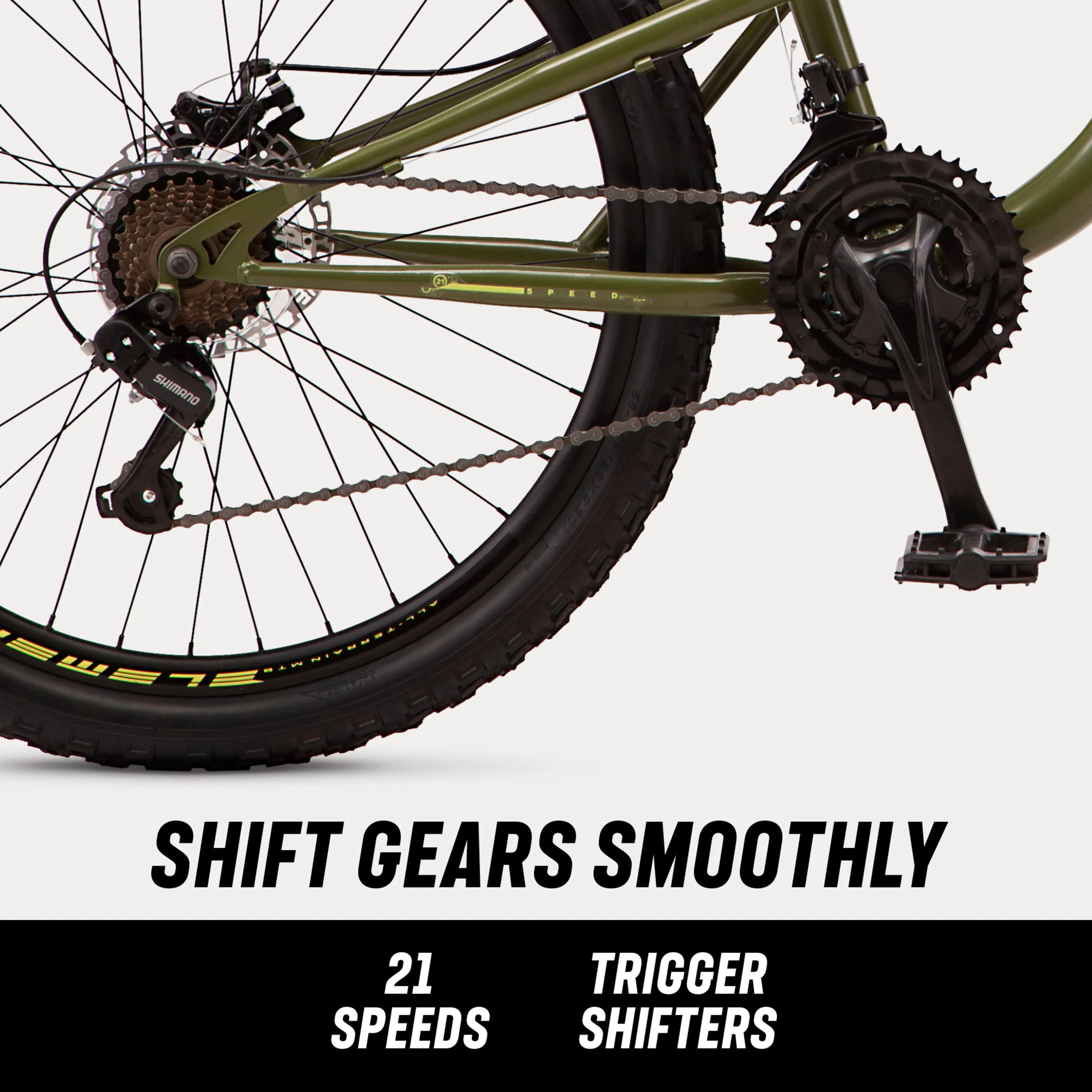 Mongoose Bash Suspension mountain bike, 21 speeds, 26-inch wheels, green