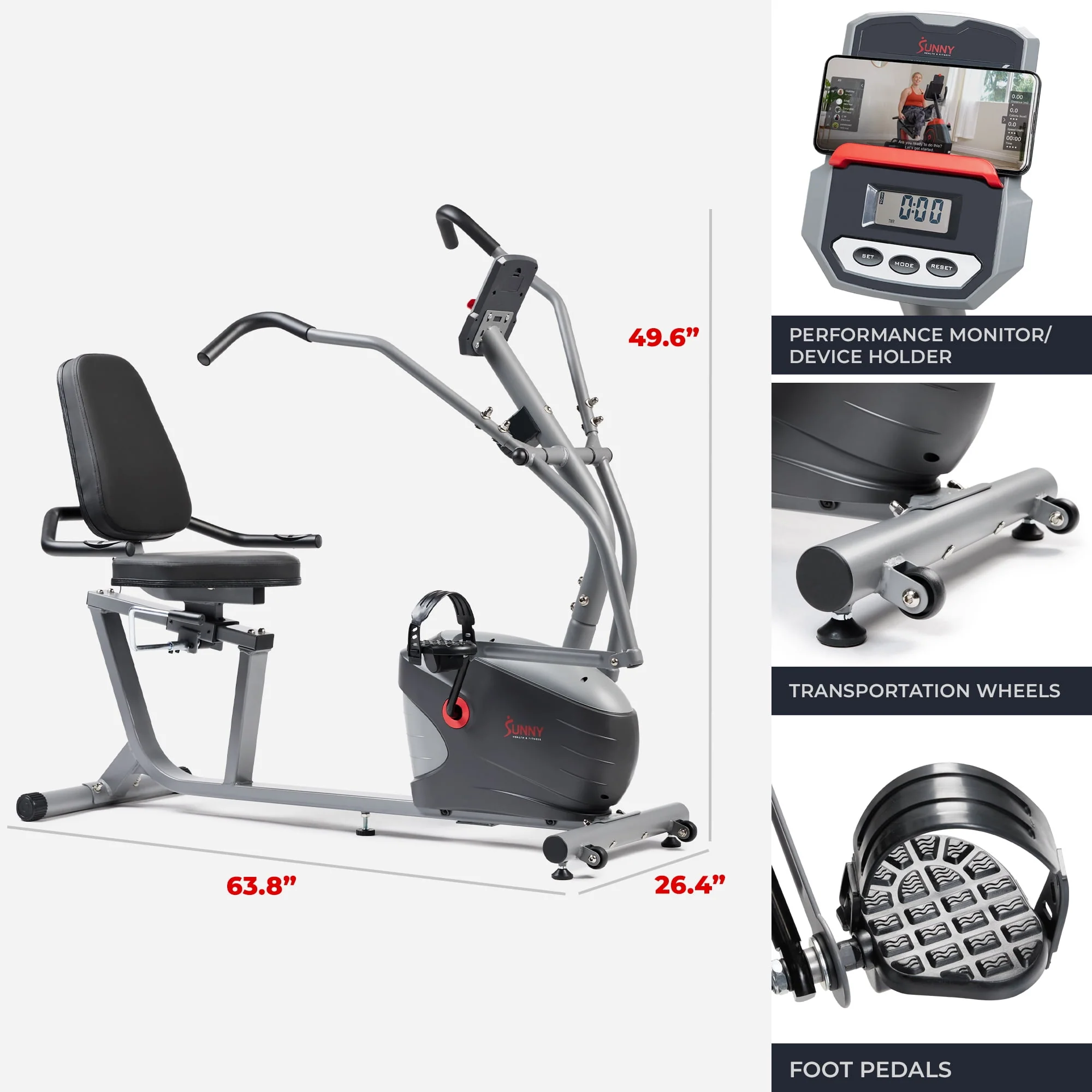 Sunny Health & Fitness Compact Performance Recumbent Bike with Dual Motion Arm Exercisers, Quick Adjust Seat & Exclusive SunnyFit® App Enhanced Bluetooth Connectivity - SF-RB420032…