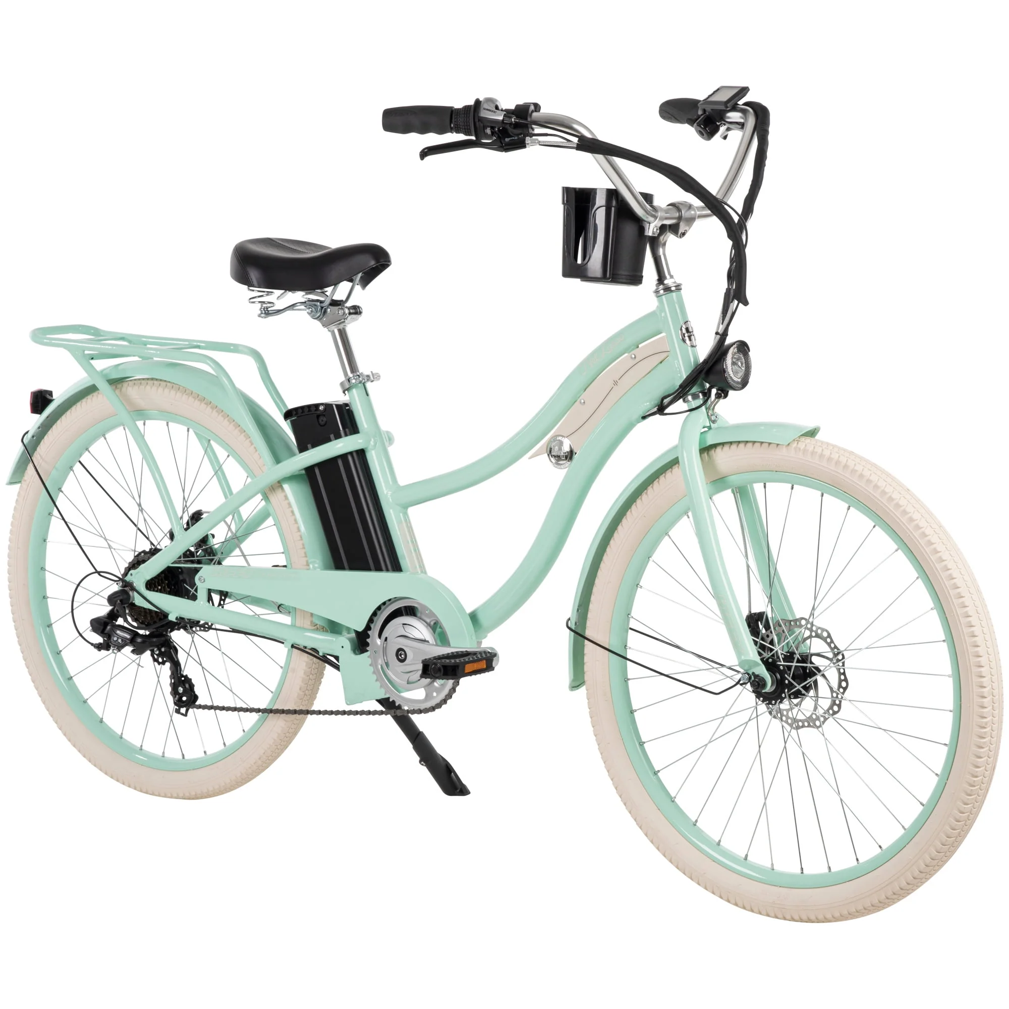 Nel Lusso 26-inch 7-Speed Electric Cruiser Bike with Throttle, Mint Green,  36V, 350W, UL 2849 compliant, by Huffy