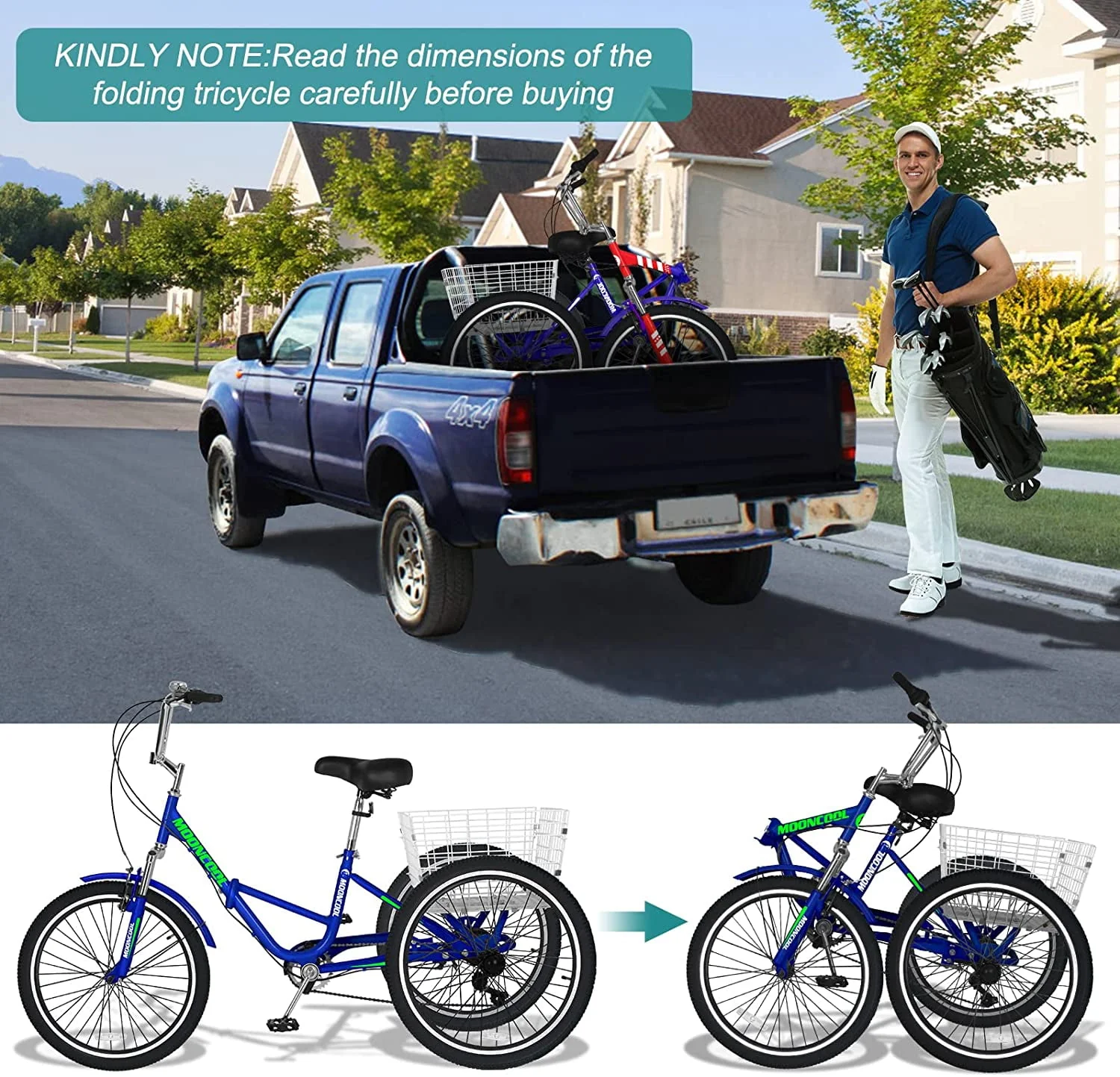 MOONCOOL Adult Folding Tricycles, 7 Speed Folding Adult Trikes, 24 26 Inch 3 Wheel Bikes with Low Step-Through, Foldable Tricycle for Adults, Women, Men, Seniors