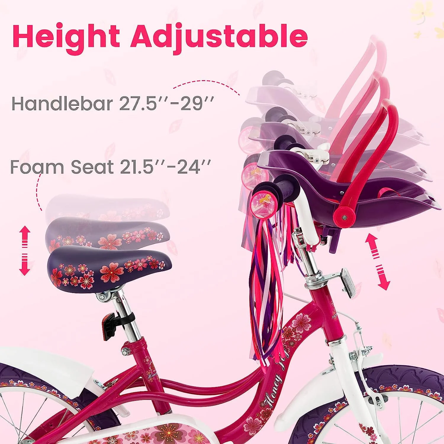 OLAKIDS Kids Bike for Girls, 14 16 Inch Children's Bicycle with Removable Training Wheels and Doll Seat, Adjustable Seat and Handlebar, Girls Bike for Toddlers Age 4-8 Years Old Pink Flower