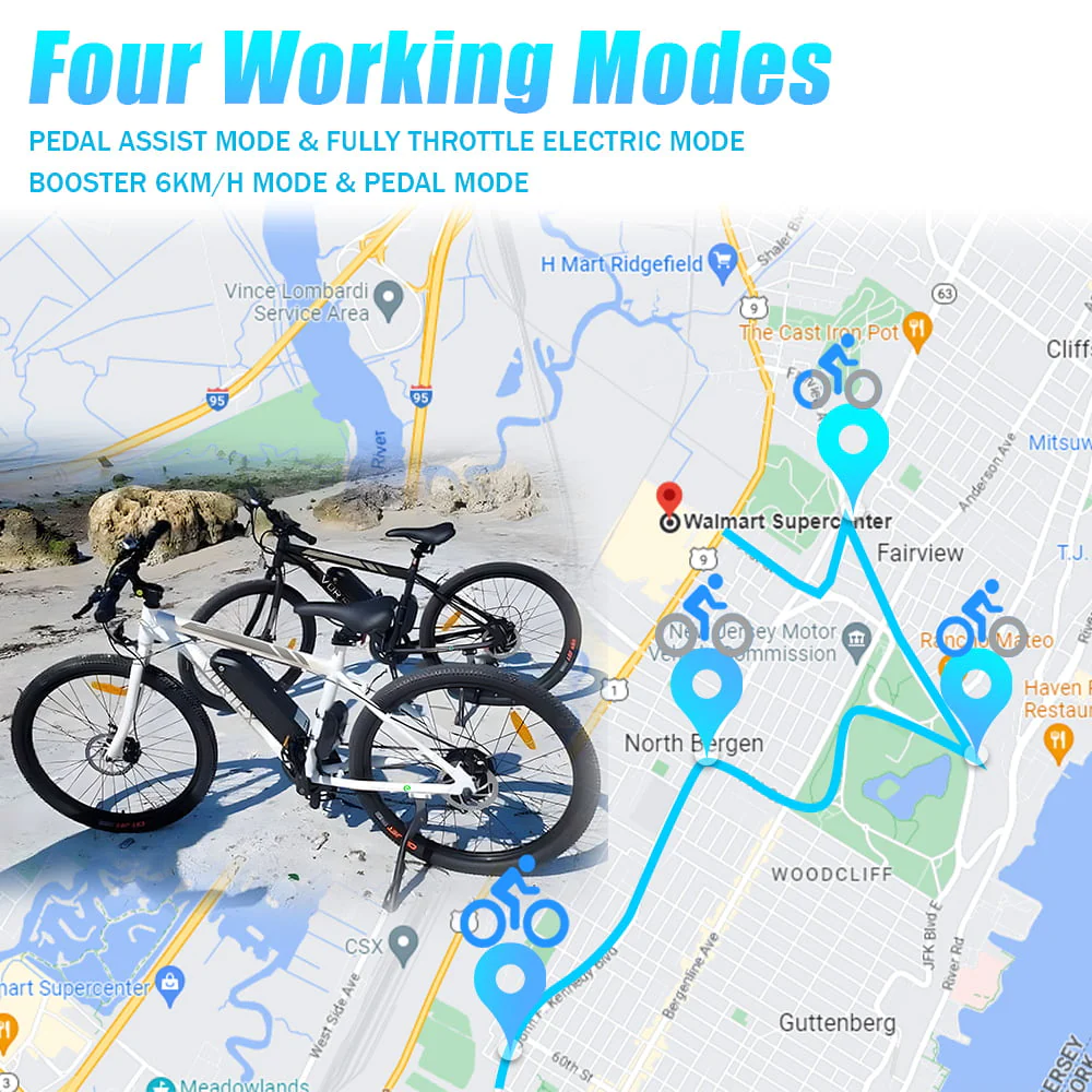 Ecotric Black 26 In. 36V 350W Electric City Bicycle e-Bike Removable Battery 7 Speed Pedal Assist