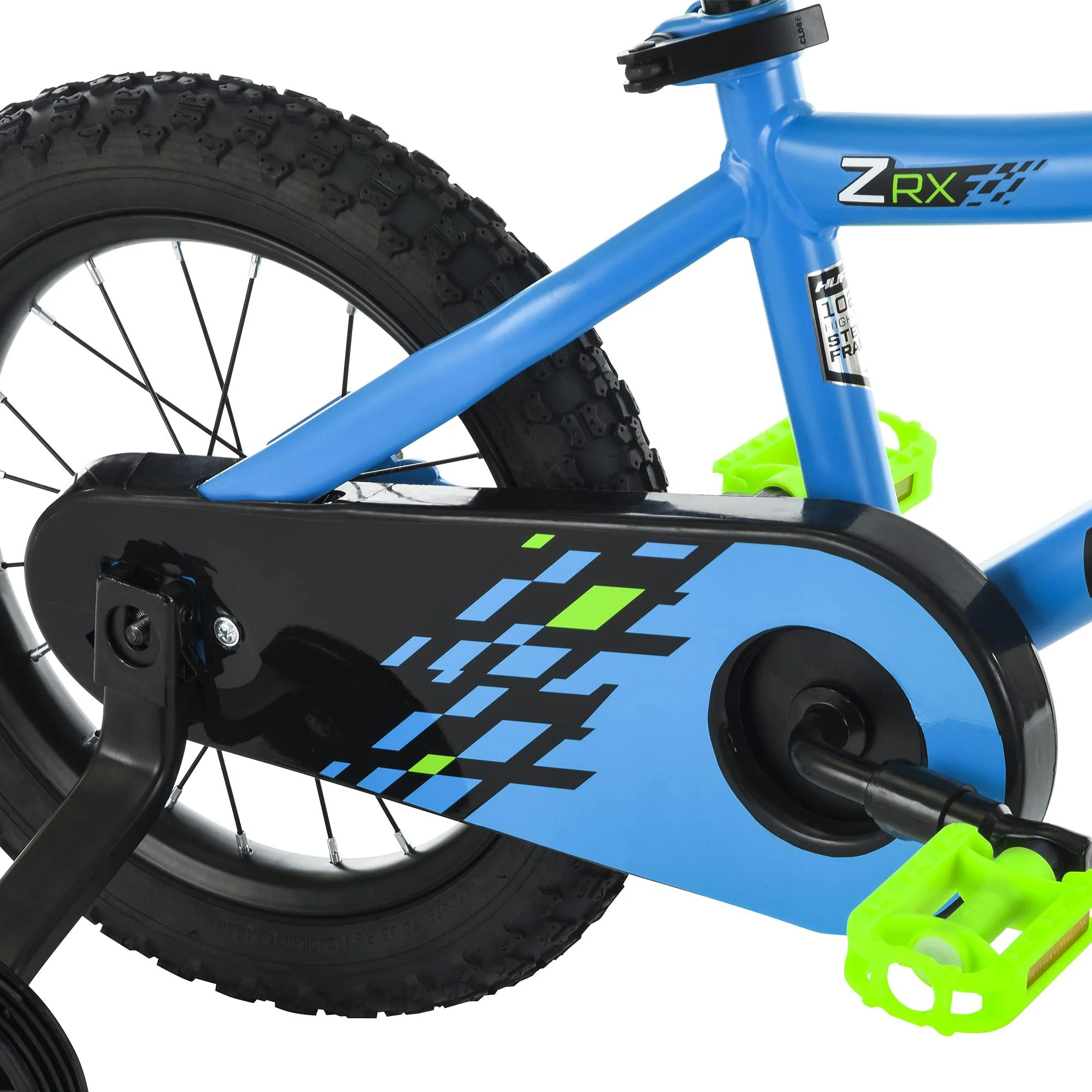 huffy zrx 14 kids bmx bike with pegs, training wheels, handlebar bell, blue and green