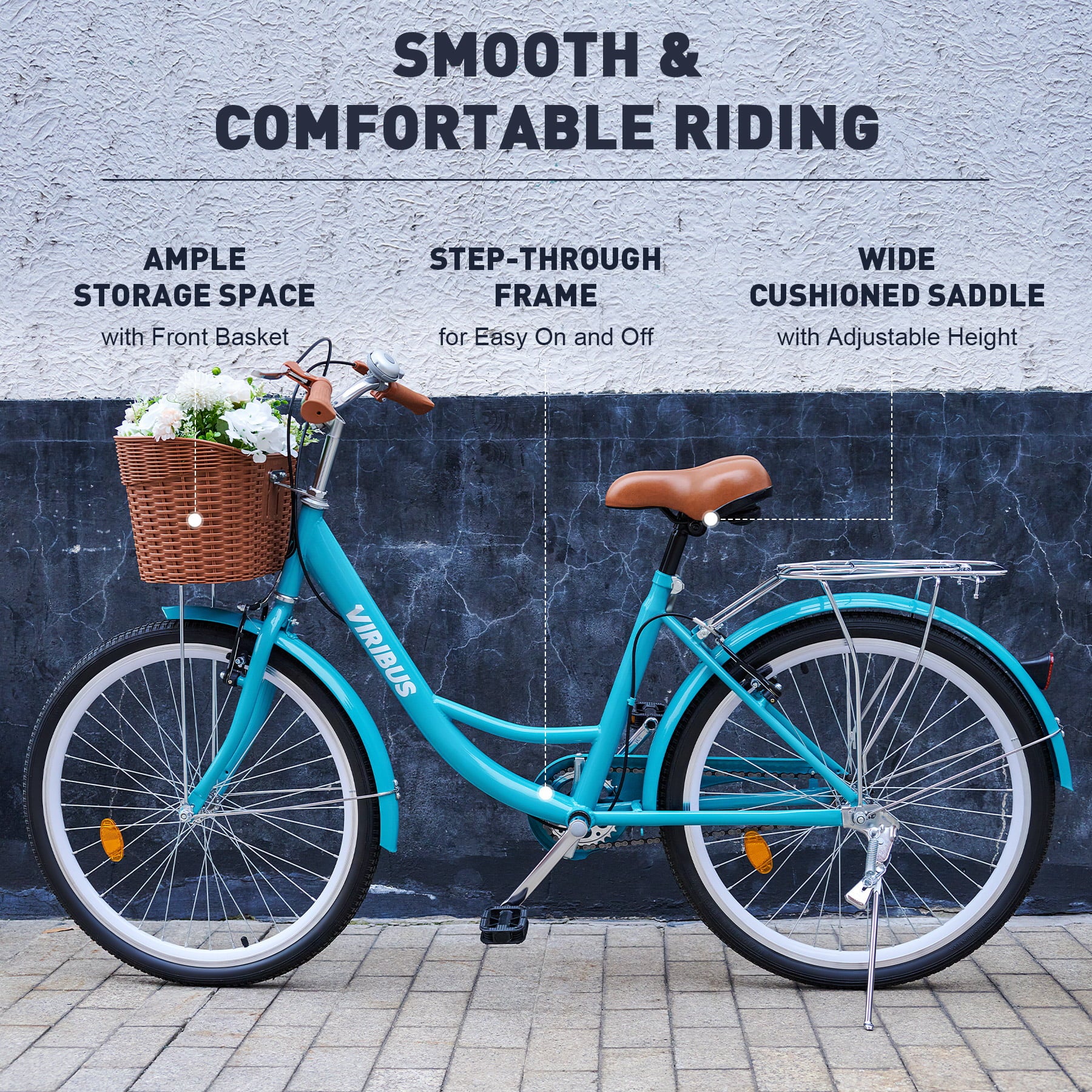 Viribus 24 Inch City Cruiser Bicycle with Carbon Steel Frame Dual V Brakes Basket Teal (Defective)