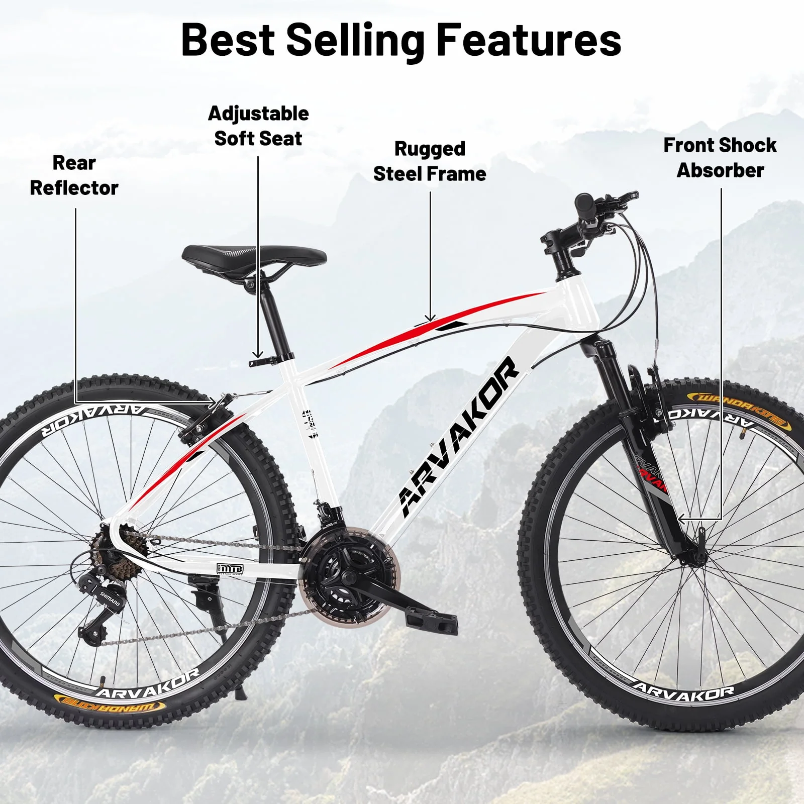 ARVAKOR 26'' Mountain Bike for Men, Carbon Steel Frame, 21-Speed Trigger Shifters, White