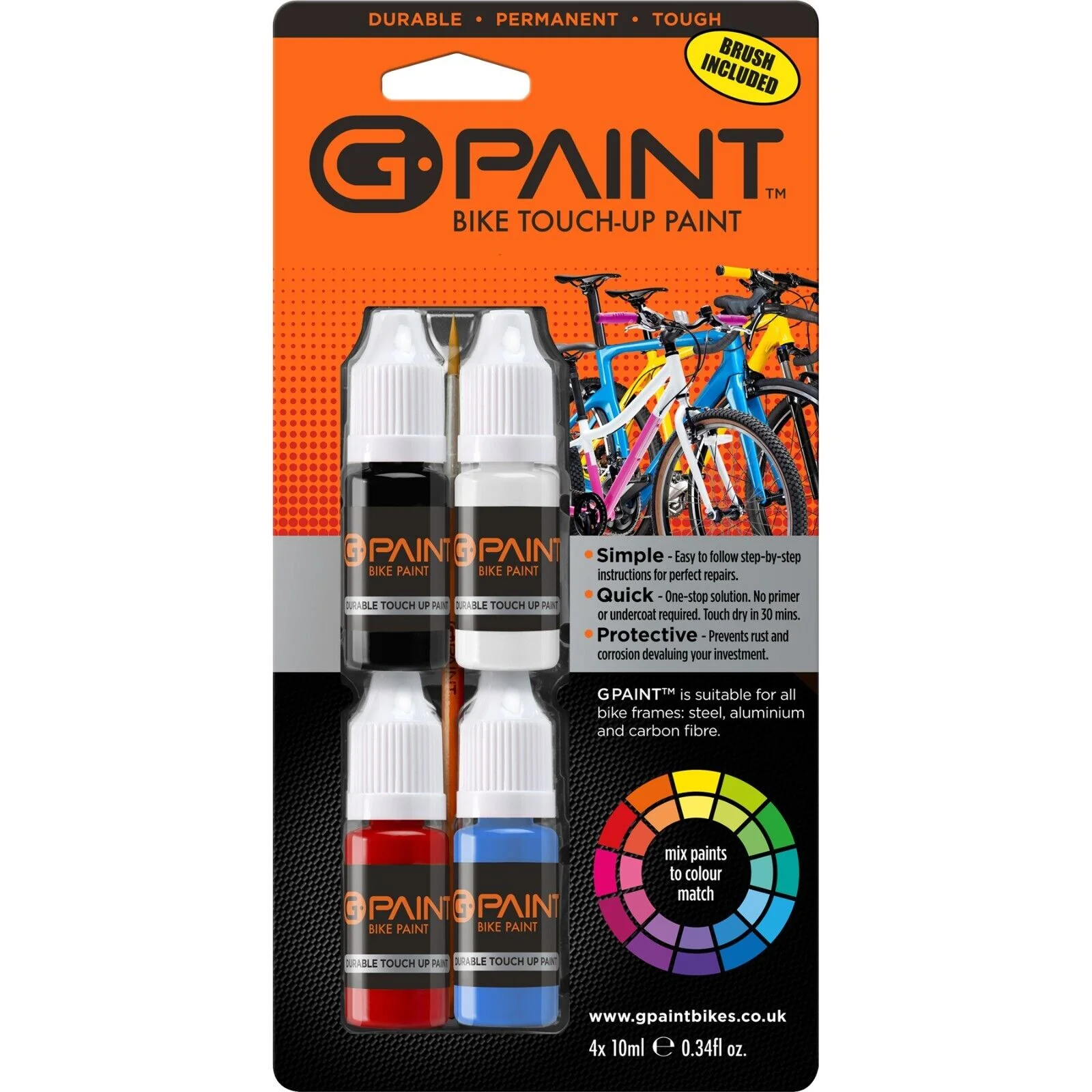GPaintBikes Touch-Up Paint Kit - 4 Pack - Black White Red Blue