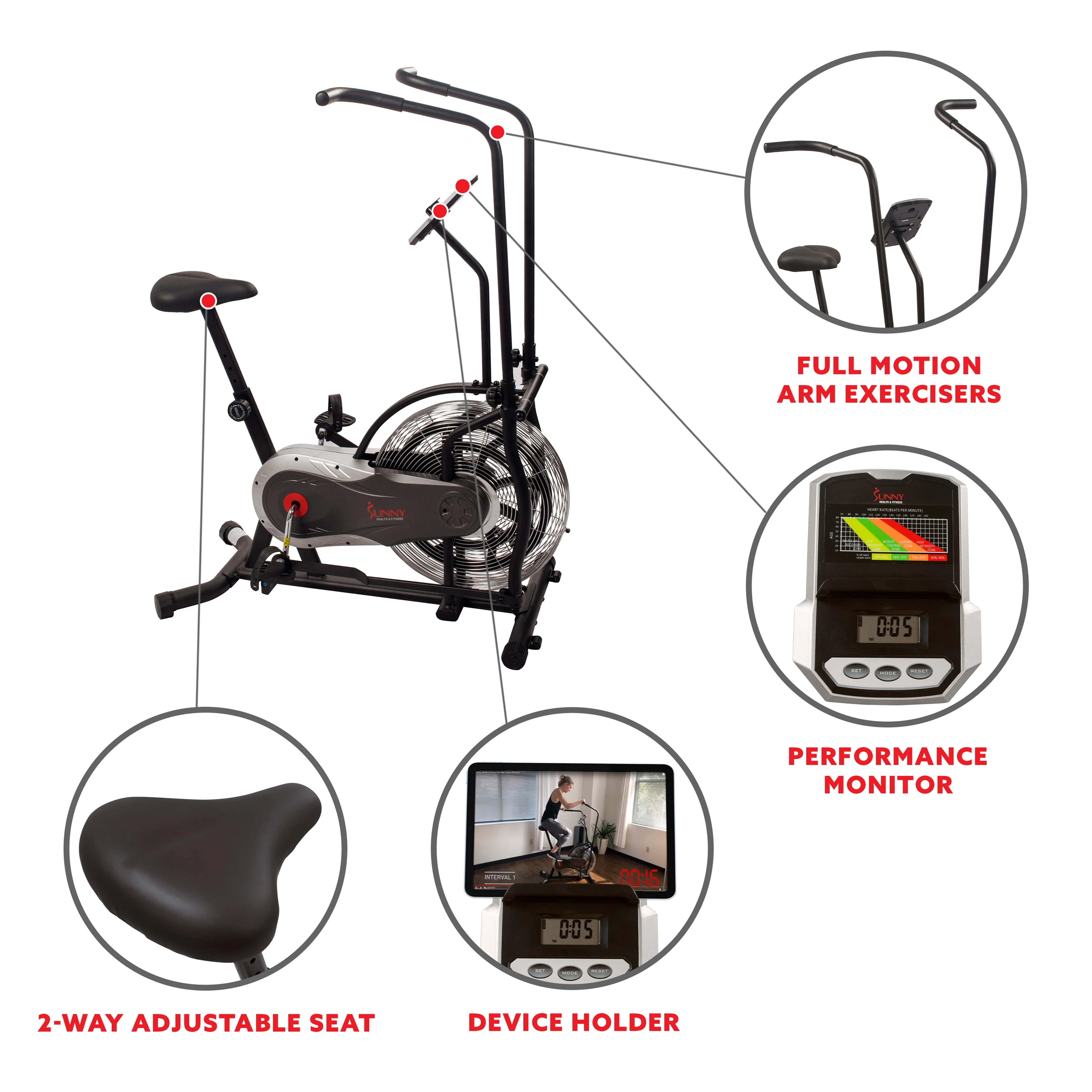 Sunny Health & Fitness Zephyr Indoor Stationary Upright Air Bike w/ Row - Fan Exercise Bicycle Cardio Machine For Home, SF-B2715