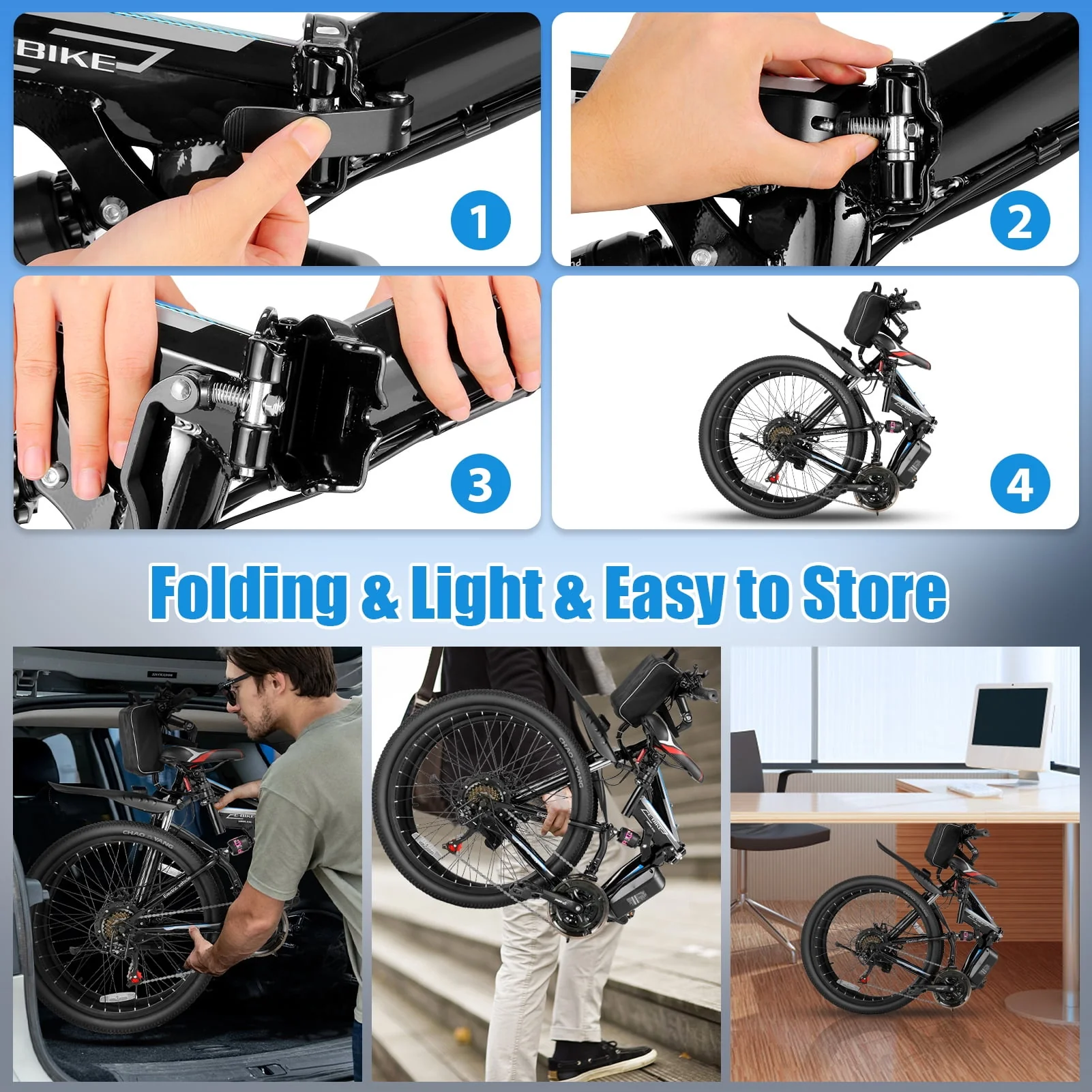 Elifine 26 In. Folding Electric Bike for Adults, 500W Electric Mountain Bike, 21 Speed, Full Suspension, 48V Foldable Ebike with Removable 7.8Ah Lithium-Ion Battery Electric Commuter Bicycle