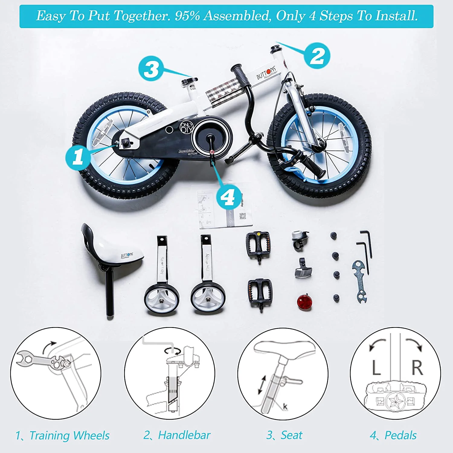 RoyalBaby Buttons Blue 14 inch Kid's Bicycle With Training Wheels